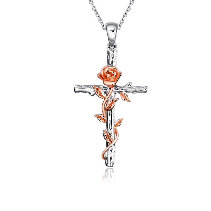 LUHE Women Cross Necklace Sterling Silver Rose/Daisy Flower Religious Cross Pendant Necklace Jewelry Gifts - Image 1